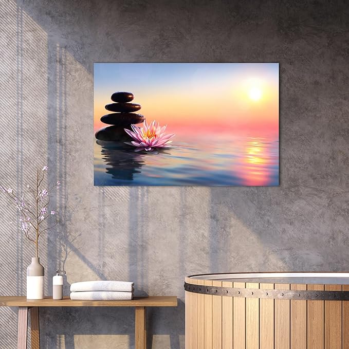 GUTTATY Zen Wall Art Decor, Modern Bathroom Zen Decor Wall Art, Canvas Wall Art for SPA Zen Room Decor, Pink Lotus Flower and Pebble Relaxing Zen Art Prints for Office & SPA Wall Decor 18x24 Inches