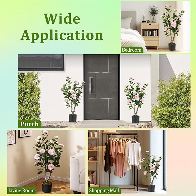 GOFLAME 3FT Artificial Camellia Tree, 2 Pack Faux Camellia Plant with Pink Flowers, Solid Wood Trunk, Realistic Moss, Greenery Potted Decoration Tree for Indoor Outdoor Home Porch Front Door