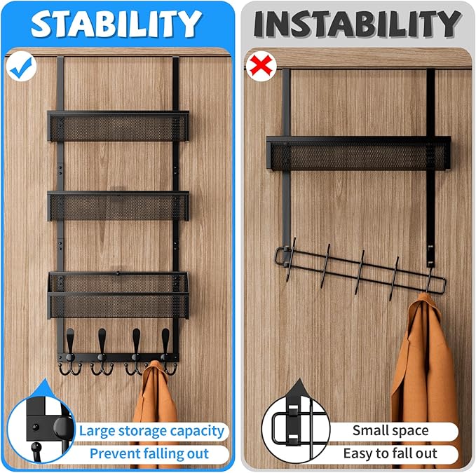 Over The Door Hooks Organizer, Coat Rack Over The Door Storage Hanger Towel Rack, Back of Door Storage Organizer for Bathroom,Bedroom,Kitchen,Office (Black, 4-Tier)