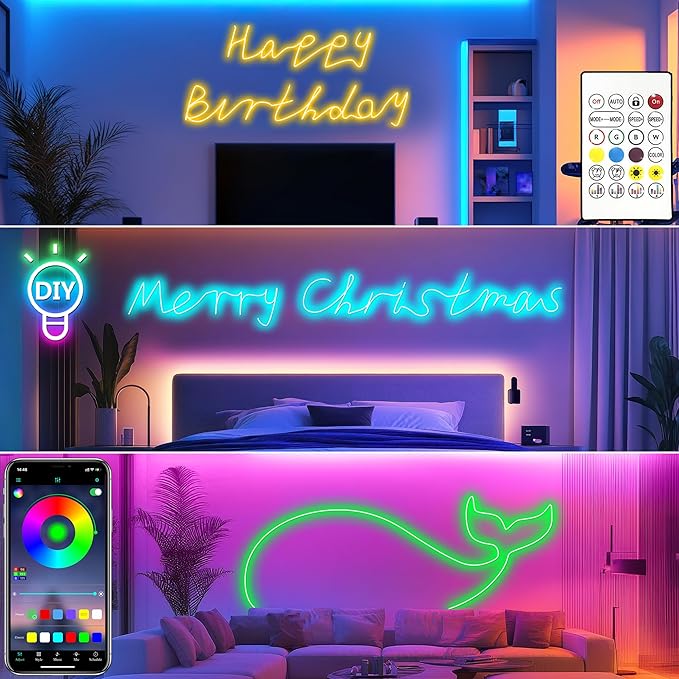 Cozylady 120Ft (60Ft * 2 Rolls) RGB LED Neon Rope Lights for Bedroom, 36m LED Strip Lamp with Double Sided Adhesive Tape, App/Remote Control DIY Lights Decorate The Outdoor and Indoor of Your Home