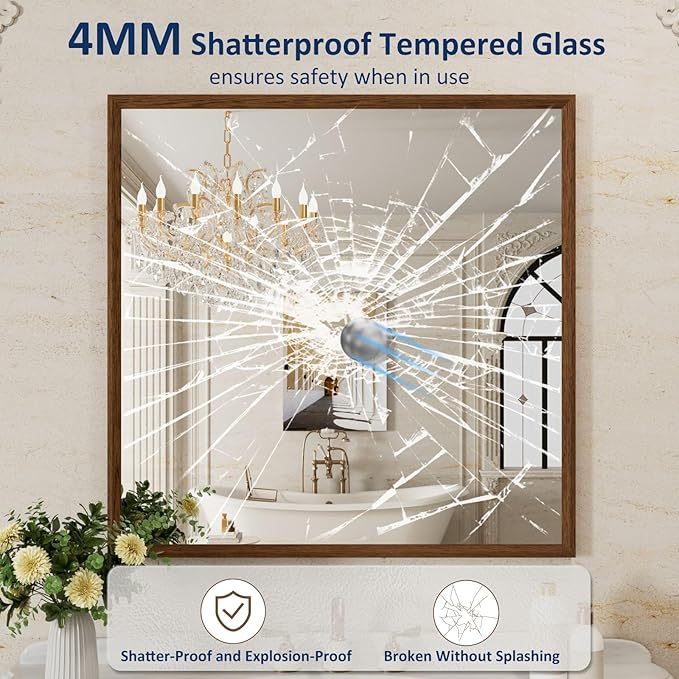 WEER Bathroom Mirror, 36x36 Inch Wall Mirror, Walnut Wood Grain Framed Mirror, Rectangle Vanity Mirror, Tempered Glass, Anti-Rust, Hangs Horizontally or Vertically
