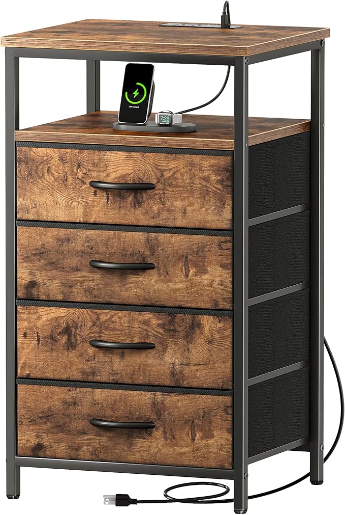 Huuger Night Stand with Charging Station, 4 Drawer Dresser for Bedroom, Bedside Table, 33.9 Inch Tall Nightstand with Open Shelf, End Table, for Closet, Entryway, Bedroom, Rustic Brown