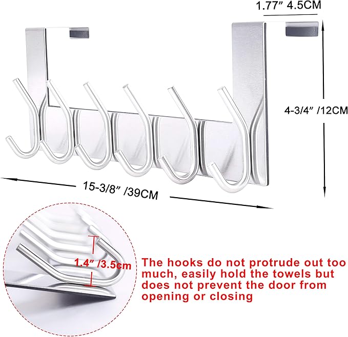 SKOLOO Over The Door Hook - 6 Hooks, No Assembly Required, Stainless Steel Door Hooks, Over Door Coat Rack for Hanging Coats Clothes Hats Robes, Silver