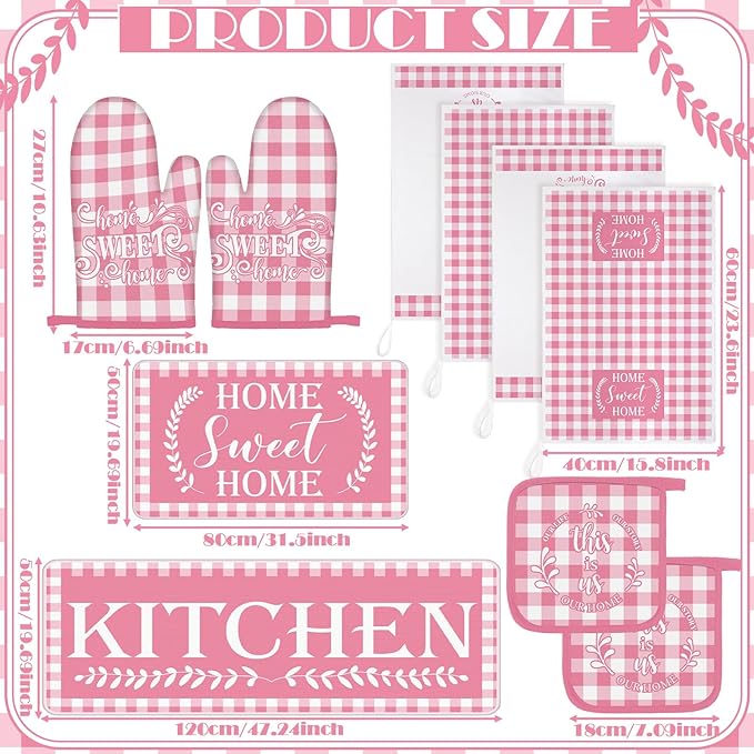 Fourluoo 10 Pcs Kitchen Set Kitchen Towels and Rugs Oven Mitts and Pot Holders Farmhouse Decor for Women Mom Gift Cooking Baking Grilling(Pink White)