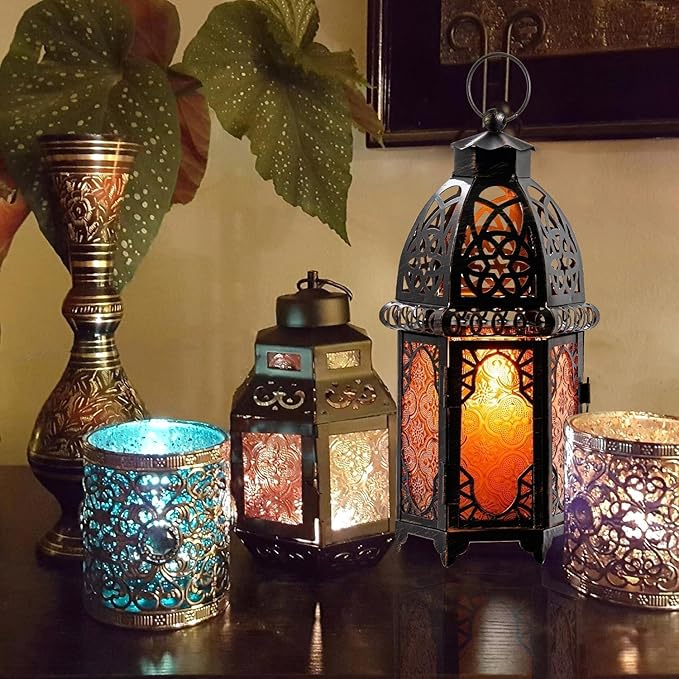 DECORKEY Vintage Large Size Decorative Ramadan Candle Lantern, 12.8’’ Metal Hanging&Tabletop Moroccan Lantern Candle Holder Decor, Halloween Christmas Decorations for Home Indoor Outdoor Patio (Amber)