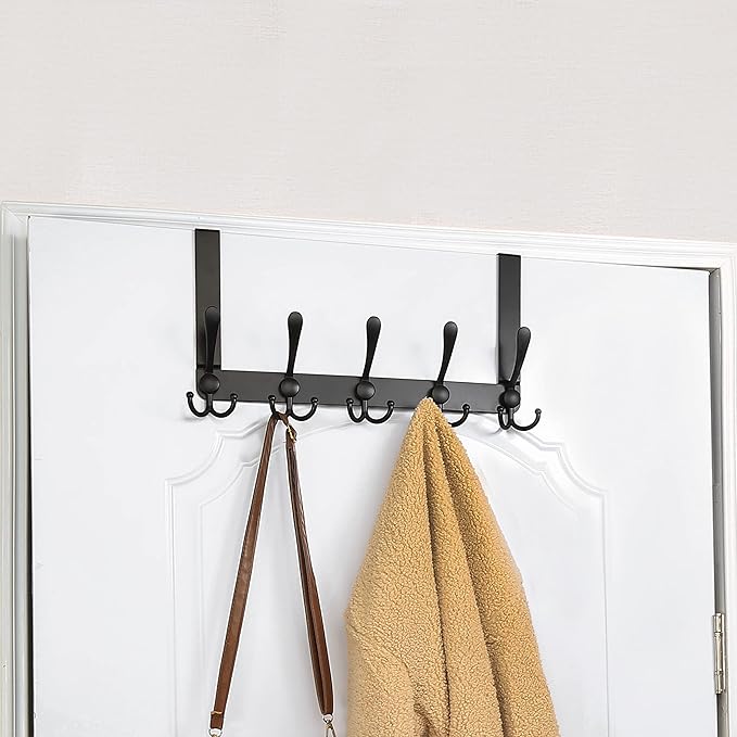 SKOLOO Over The Door Hook - for Doors up to 1-3/4'' Thickness, Metal Door Hanger with 5 Triple Hooks, Black Over The Door Hanger for Coats, Hats, Towels, Assembly Required