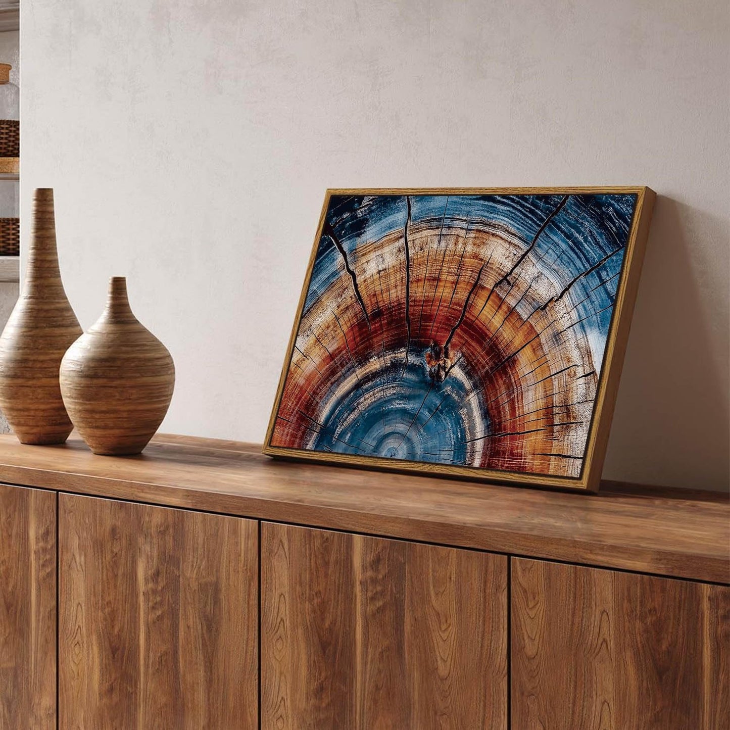 BingruiArt Framed Tree Ring Wall Art Blue and Red Boho Wall Decor Nature Print Wood Canvas Rustic Artwork Abstract Painting Modern Picture for Living Room Bedroom Bathroom 12"x16"" Natural Framed(01)"