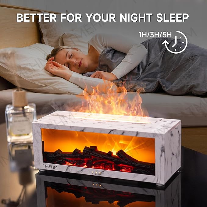 Fireplace Flame Air Diffuser Humidifier,7 Colors Aromatherapy Essential Oil Diffuser,Ultrasonic with Timer for Home,Bedroom,Office,Yoga (White Marble)
