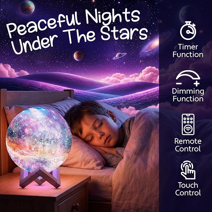 Mind-Glowing Galaxy Moon Lamp with Multi Colors, Touch/Remote, Wood Stand - Birthday Gift for Any Year Old Girls & Boys - Teen Girl Room Decor, Trendy Stuff - Cool Night Light for Kids (7.1 inch)