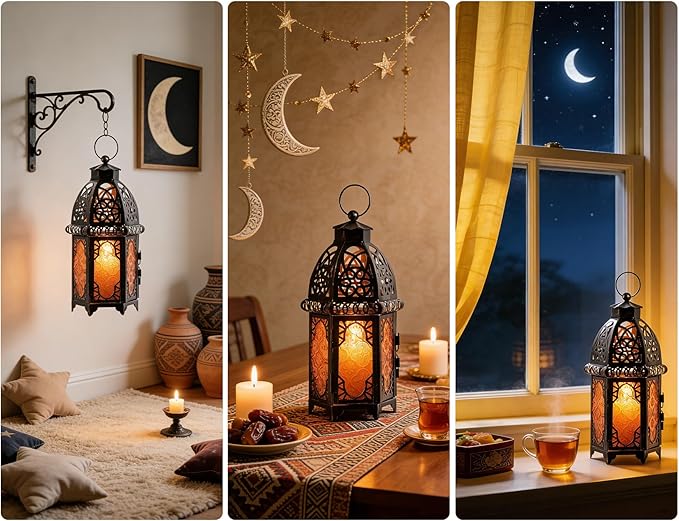 DECORKEY Vintage Large Size Decorative Ramadan Candle Lantern, 12.8’’ Metal Hanging&Tabletop Moroccan Lantern Candle Holder Decor, Halloween Christmas Decorations for Home Indoor Outdoor Patio (Amber)