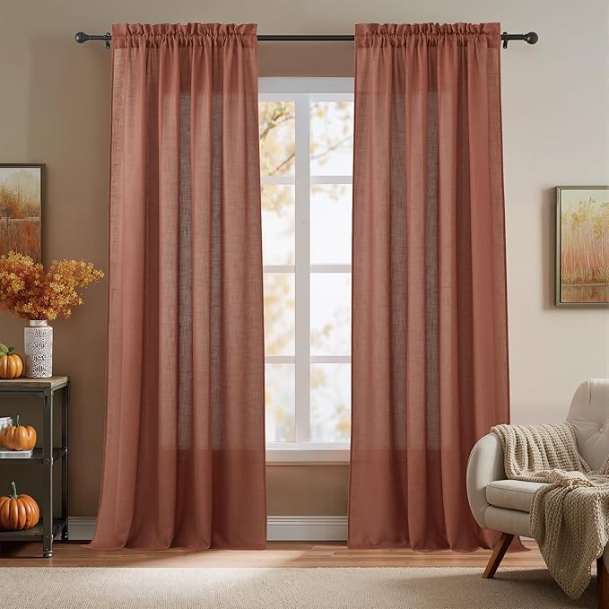 RYB HOME Terracotta Curtains Linen Blend Fall Drapes Semi Sheer Light Filtering Privacy Protected Window Curtains for Living Room, Bedroom, Home Office, Doorway, W 52 x L 84, 2 Panels Set