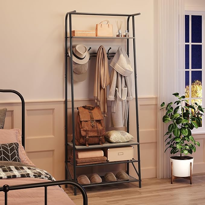 Jojoka 25" Coat Rack, Hall Tree with Shoe Bench and Storage, 4-Tier Shelf with 5 Hooks, Freestanding Metal Entryway Organizer for Hallway, Accent Furniture for Bathroom