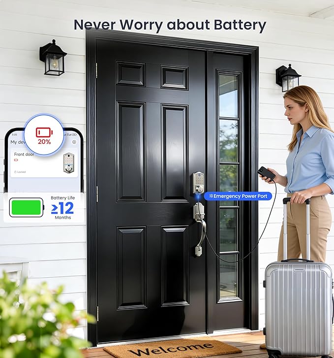 Veise VE017-H Fingerprint Smart Front Door Lock Set, App Control, 8-in-1 Keyless Entry Deadbolt with Zinc Alloy Handles, Emergency Power Port, Touchscreen Keypad, Auto Lock, Easy Install, Satin Nickel