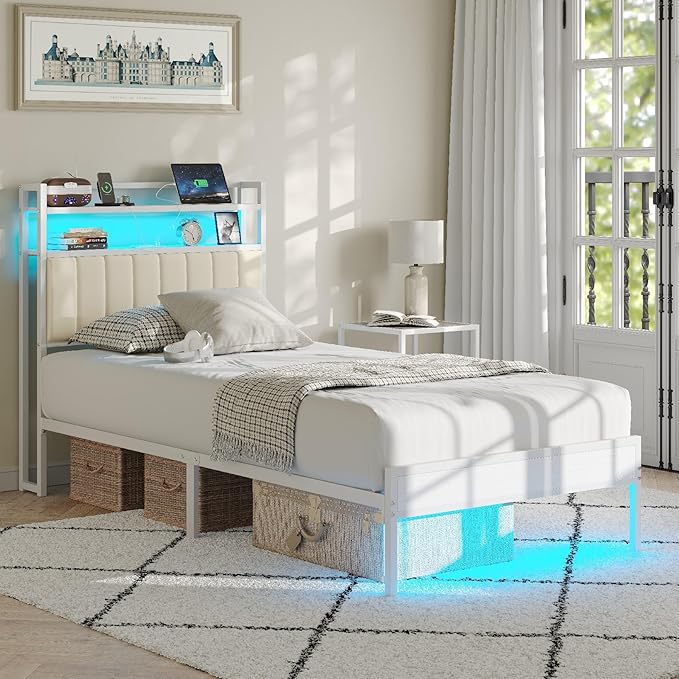 Twin Size Bed Frame with Charging Station and LED Lights, Metal Bed Frame with Headboard, White Upholstered Headboard with 2-Tier Storage Shelves, Noise Free, No Box Spring Needed, White