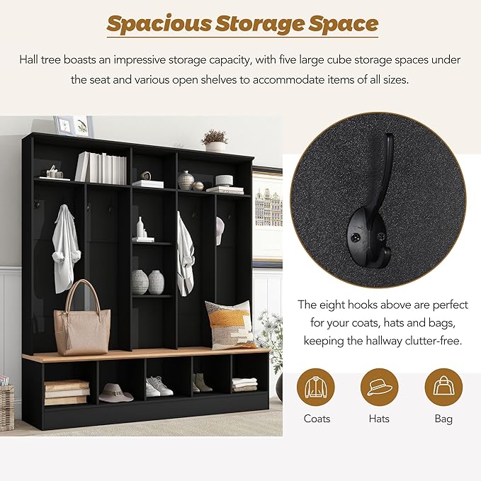 Modern Hall Tree with Storage Bench, Minimalist Shoe Cabinet with Cube Storage & Shelves, Multifunctional Coat Rack with 8 Hooks for Entryways Mudroom Hallway (Black + Particle Board-Q13)