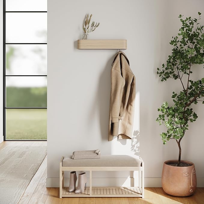 Kazai. Wall-Mounted Coat Rack 'Toke' - Modern Design Coat Rack with Hidden Wall Hooks - Solid Wood Veneer Panel Coat Hanger - Oak, White