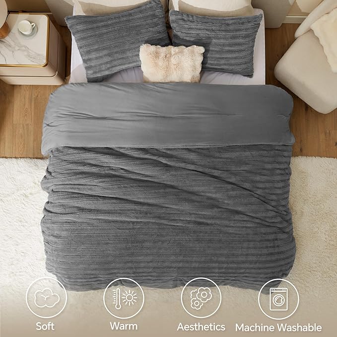 BEDELITE Fleece Queen Comforter Set -Super Soft & Warm Fluffy Grey Faux Fur Bedding, Luxury Fuzzy Heavy Bed Set for Winter with 2 Pillow Cases