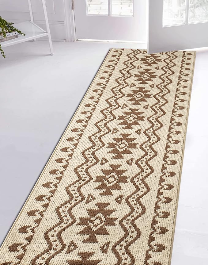 Custom Length Cut to Size Tribal Ethnic Southwestern Inspired Hallway Runner Rug, Non Slip Rubber Backed, 31 inch Wide X Customized Length, Aztec Beige, 31 inch X 3 feet, Doormat Size