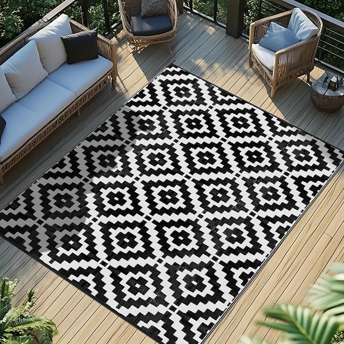Favoyard Outdoor Rug 4x6 ft Waterproof Reversible Patio Plastic Straw Rugs for Decor Clearance Outside Large RV Camping Area Carpet Mat for Porch Deck Balcony Pool Backyard Picnic Beach Camper Door
