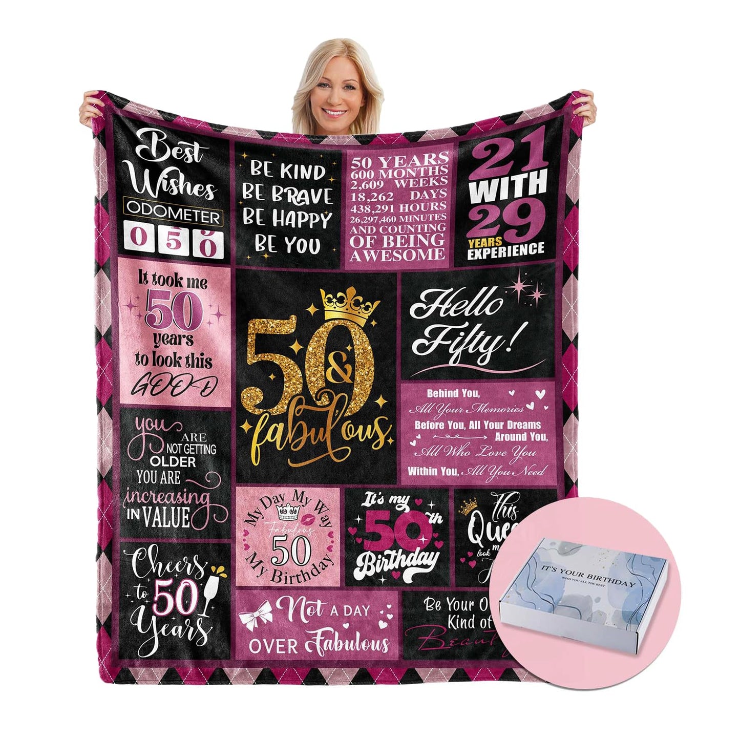 50 Birthday Gifts for Women, 50th Birthday Blanket with Gift Box, 50th Birthday Decorations Gift Ideas for Her, 50 Year Old Gifts for Women Turning 50 and Fabulous