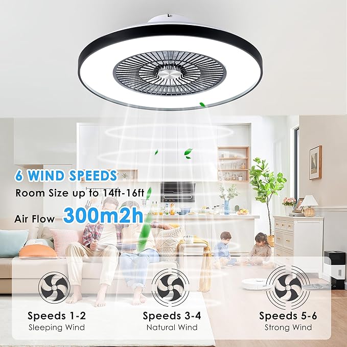 24" Bladeless Ceiling Fans with Lights and Remote/APP Control, Low Profile Ceiling Fan with 3-Dimmable Lights, Enclosed Flush Mount Ceiling Fan for Kid's Bedroom/Living Room