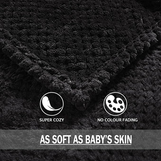 Exclusivo Mezcla Fleece Bed Blanket Queen Size, Super Soft and Warm Blankets for Couch, Sofa and Bed Waffle Textured, Cozy, Fuzzy and Lightweight (Black, 90x90 Inches)