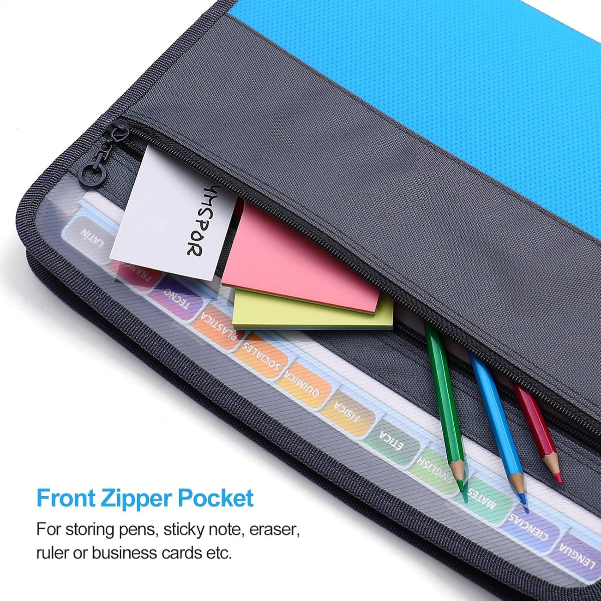 MEGREZ Expanding File Folder with 13 Pockets, A4 Paper File Folder with Zipper Color Labels, Waterproof Accordion File Folder Organizer for Home Office, Blue