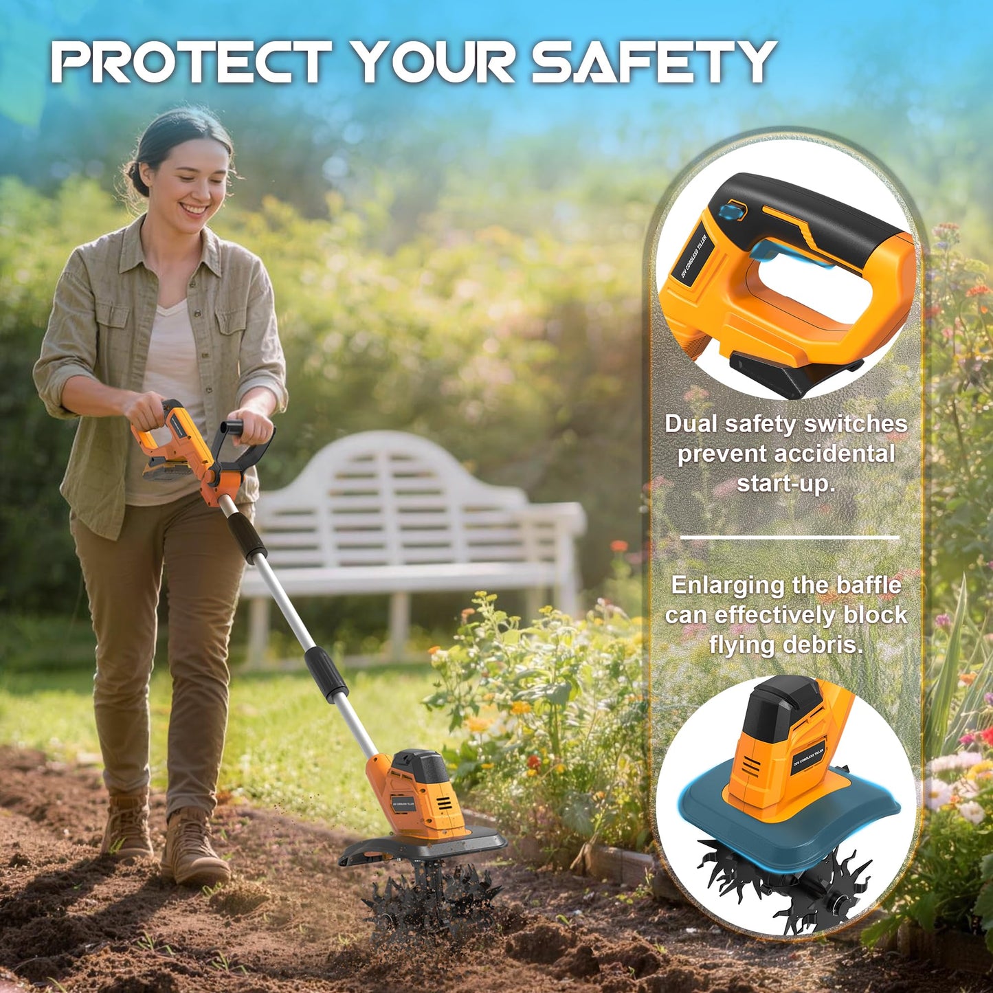 Cordless Tiller Cultivator (No Battery) Compatible with Dewalt 20V Max Battery, 9In Tilling Width & 6.3In Depth Tiller for Gardening, Loose Soil, Weeding, Trenchig