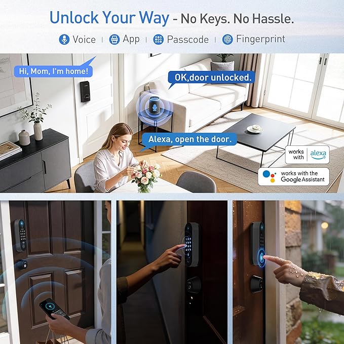Smart Video Door Lock with 2K Doorbell Camera, Fingerprint & Keypad Keyless Entry, WiFi Deadbolt with PIR Motion Detection & Real-Time Package Alerts, App & Voice Control (Alexa & Google)