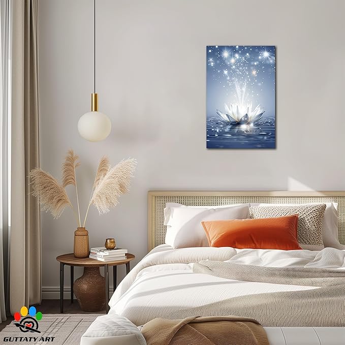 Zen White Lotus Flower Canvas Wall Art, Water Lily Bloom Picture, Lotus Flower Canvas Art Print, Calm Relax Poster, Meditation Spiritual Zen Flower Print for Yoga Spa Spiritual Room 24x36 inch