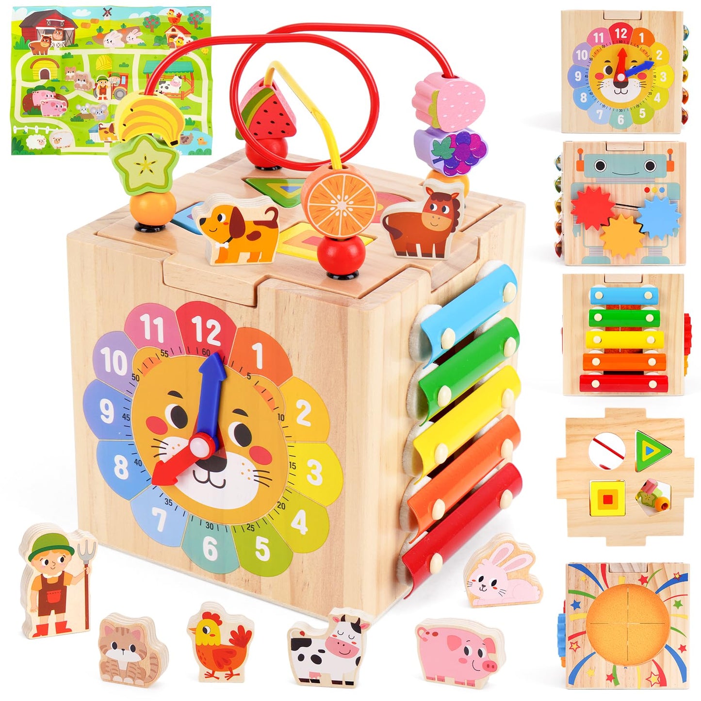 Toddler Wooden Activity Cube Toys, Montessori Toys for 1 2 3 Year Old Boy Girl, Educational Learning Toy for Toddlers 1-3 2-4 Years, Sensory Infant First 1st 2nd one two Christmas Birthday Gifts