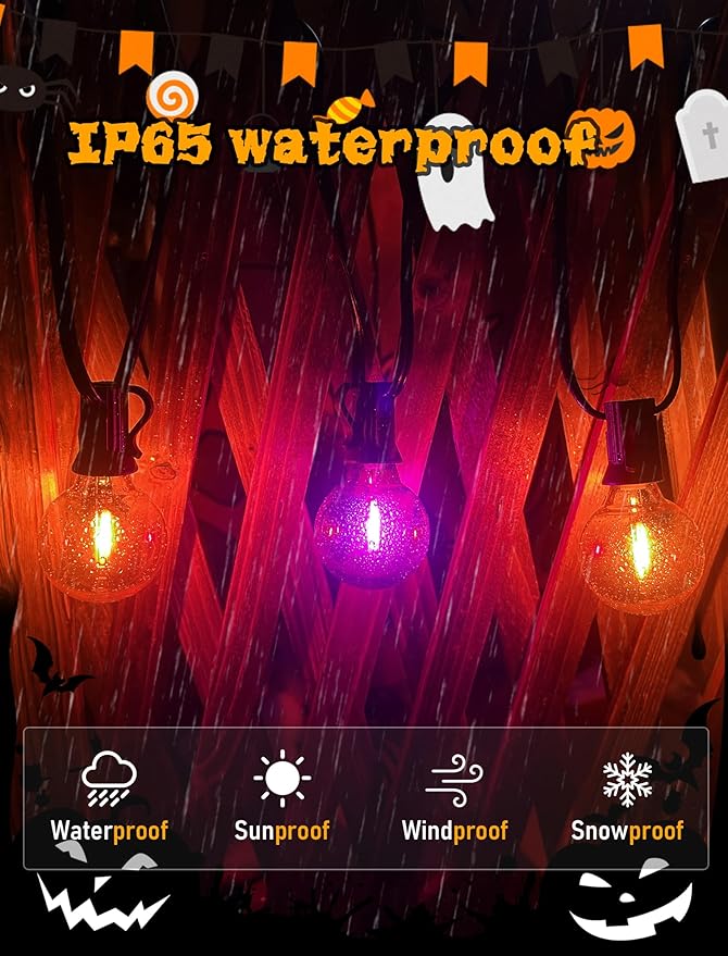 Abeja Halloween G40 LED String Light, Orange Purple Halloween Lights Outdoor with 27 LED Shatterproof Clear Lights Bulbs(2 Spare) for Patio Balcony Backyard Pergola Decor