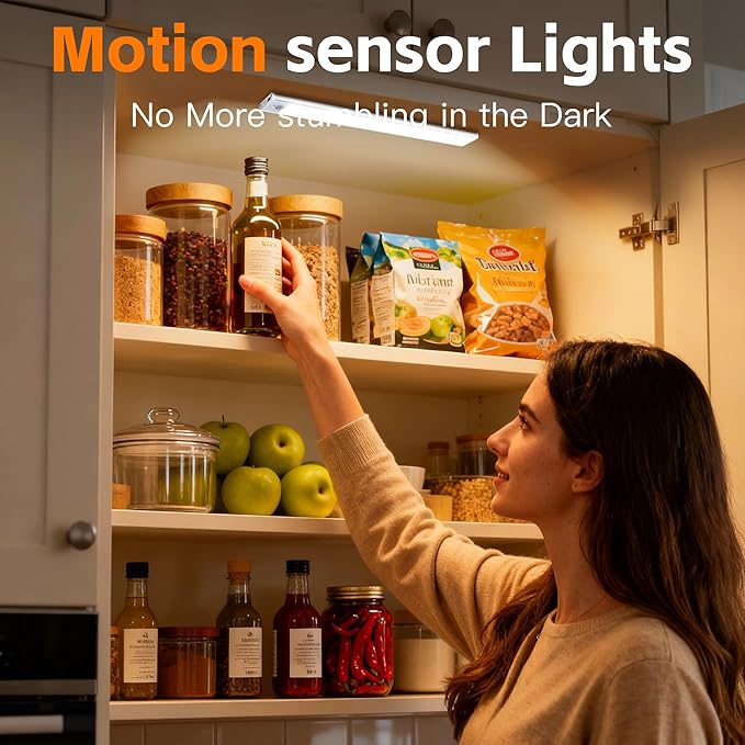 7.9inch Motion Sensor Cabinet Lights, 1400mAh 34 LED Beads, USB-C Charging, 3 Color Temperatures, for Long Lasting Durability Easy to Install, Magnetic Under Cabinet Lights for Kitchen (2 Pack)