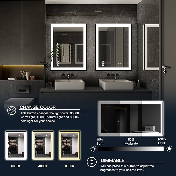 ISKM Framed LED Mirror for Bathroom 40"x36", Dimmable LED Bathroom Mirror with Lights, Anti-Fog, Front and Backlit Lighted Mirror 3-Colors, Shatterproof, Memory Function