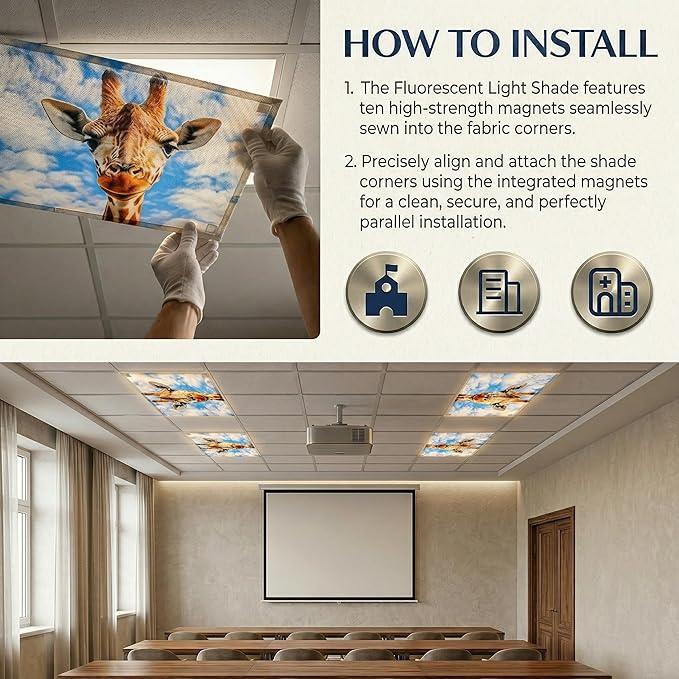 4 Pack Fluorescent Light Covers for Ceiling Lights -Magnetic Cloud Cover for Fluorescent Or LED Fixture 2ft x 4ft Classroom,Home,Office Decoration Filters Overhead Lighting- Giraffe