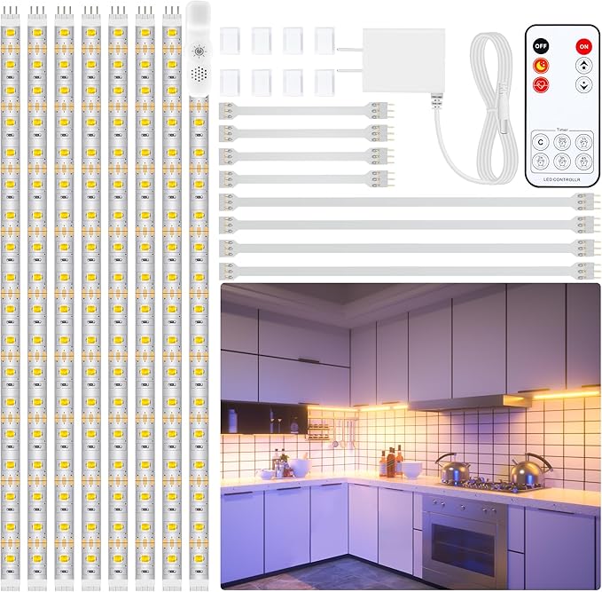 LAFULIT Under Cabinet Lighting Kit - 8 PCS 20 Inch Pre-Cut Strips, 2700K Warm White Flexible LED Strip Lights with Remote and Power Adapter for Kitchen Cabinets, Shelf, Desk, Counter - 13ft