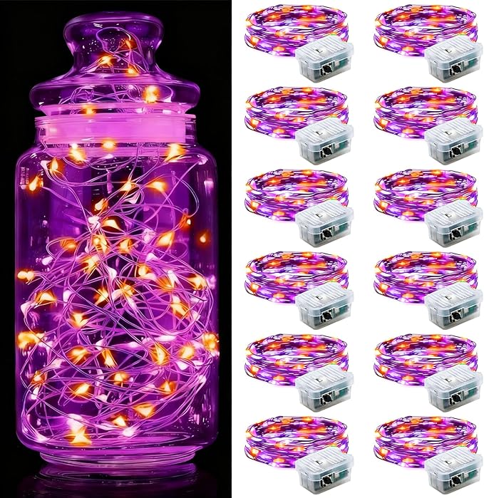 Aogist 12 Pack Fairy Lights 3 Modes 7ft 20 LED Waterproof,Battery Operated Silver Wire Firefly Starry Moon Mini String Lights for Mason Jars Christmas DIY Crafts Wedding Party Bedroom,Orange&Purple