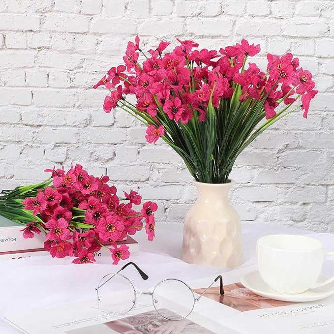 Lyrow 100 Bundles Violet Artificial Flowers, UV Resistant Faux Flowers Outdoor, Faux Silk Flowers, Fake Violet Flowers Bulk for Front Porch Hanging Garden Courtyard Farmhouse Home(Rosy)