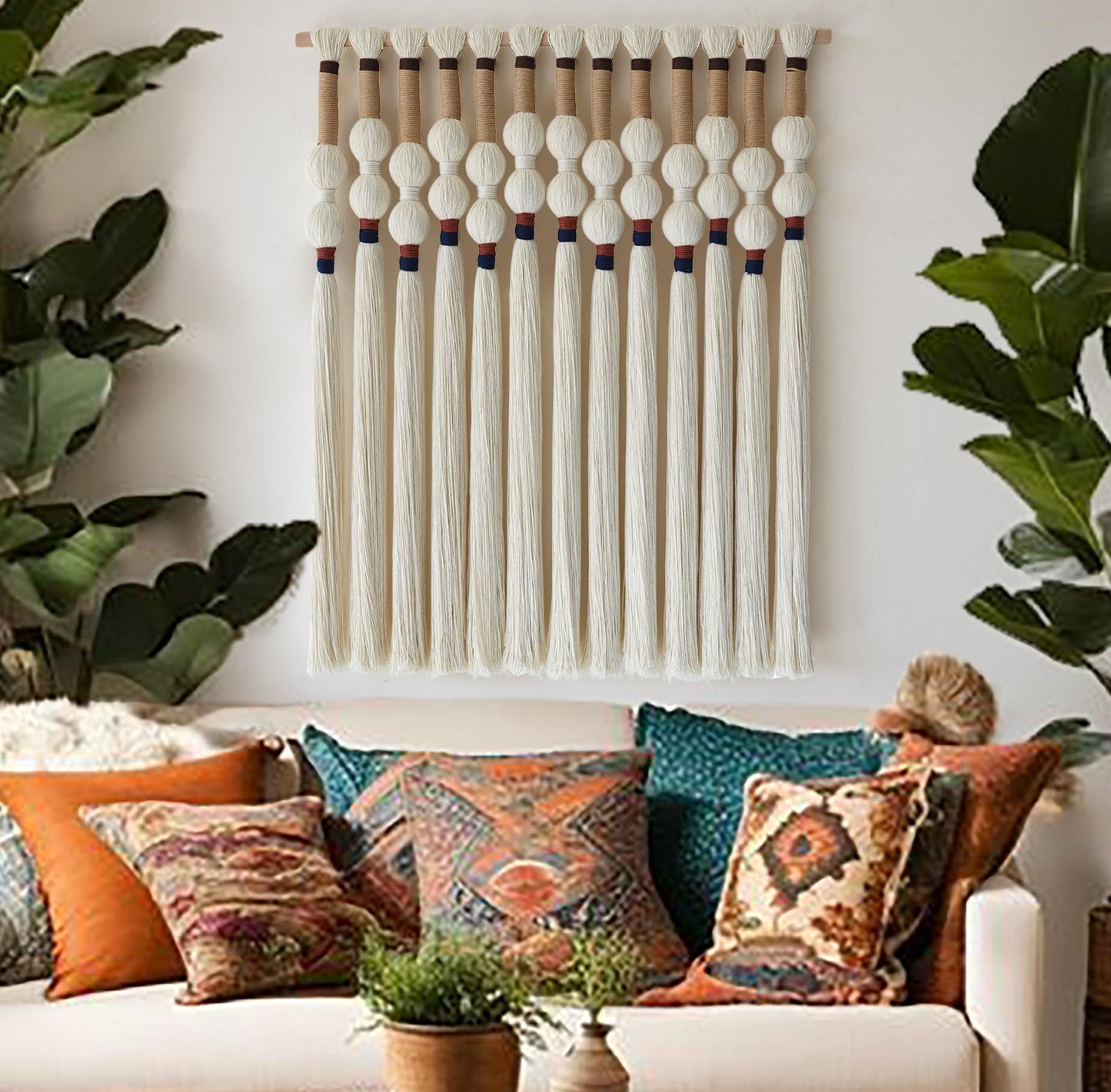 Flber Macrame Wall Hanging Boho Wall Art Handmade Spherical Knot Design with Tassel Fringe, Boho Decor for Bedroom Living Room, for Home Decoration 27" W x 33"" L"