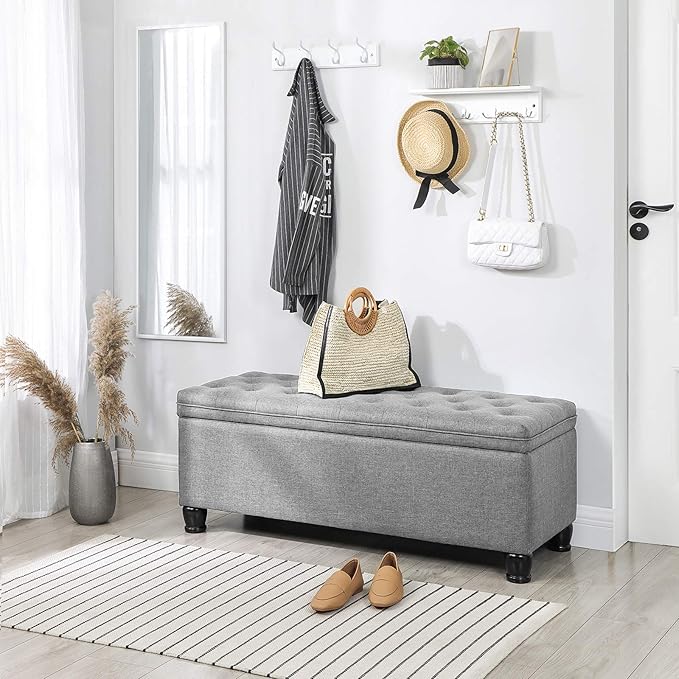 SONGMICS Storage Ottoman, Storage Bench, Tufted Entryway Bedroom Bench, 17.7 x 46.5 x 17.7 Inches, Hinges Easy Lid Operation, Wooden Legs, Linen-Look Cover, Loads 330 lb, Light Gray ULOM070G02