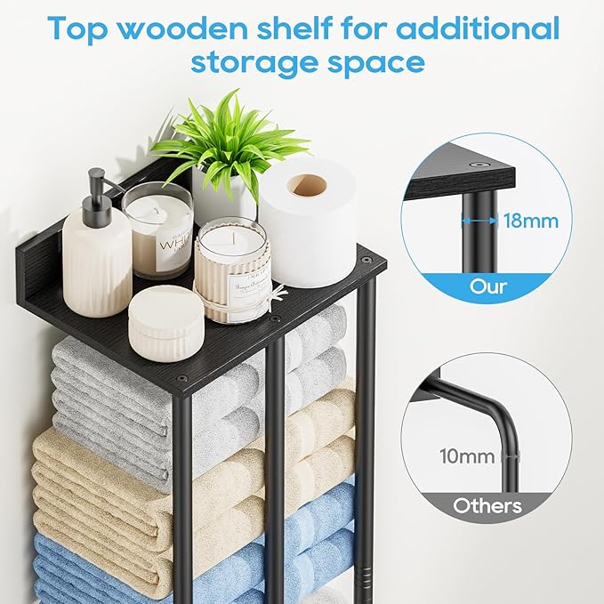 Towel Racks for Bathroom Wall Mounted with Wooden Storage Shelf, Updated 3 Bar Metal Towel Holder for Rolled Towels, Sturdy and Large Capacity, Towel Storage Organizer-Black