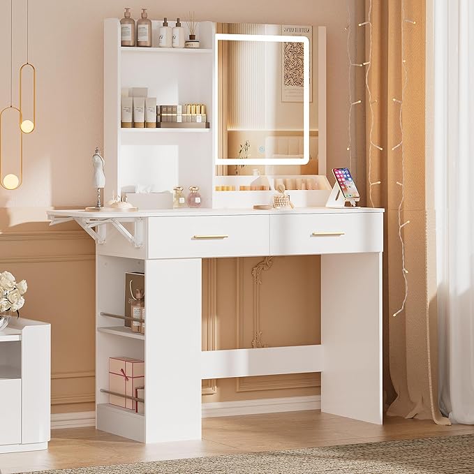 Vanity Desk with Mirror and Lights, 43.31" 4-Drawers Makeup Table Without Stool, Extra Foldable Desk with 3 Open Shelves Dressing Table for Girls and Ladies Bedroom, White and Gold