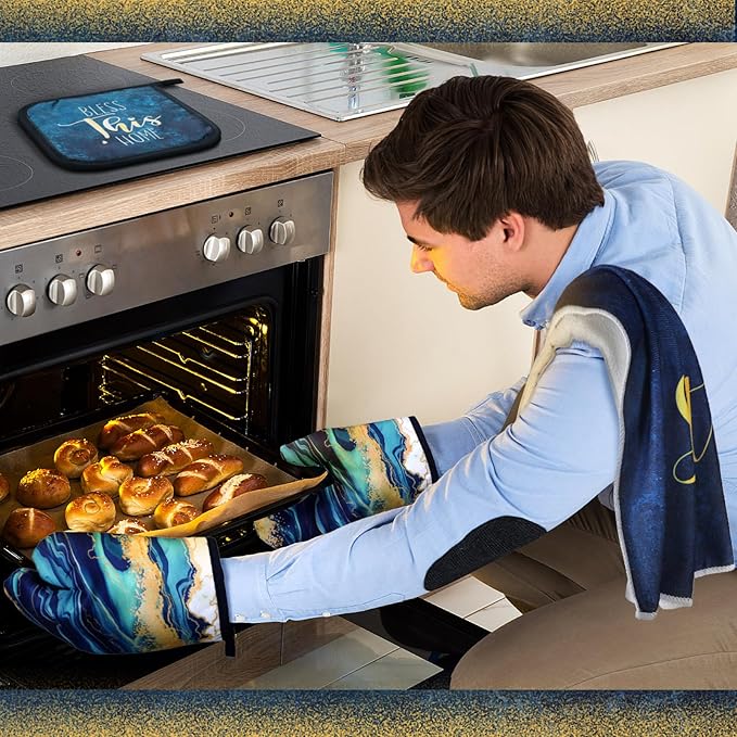 Bencailor 6 Pcs Marble Kitchen Decor Gold Pot Holders Oven Mitts 2 Dish Towels 2 Farmhouse Cooking Mittens Oven Glove and Potholder for Baking Cooking Grilling Supply Accessories(Blue)