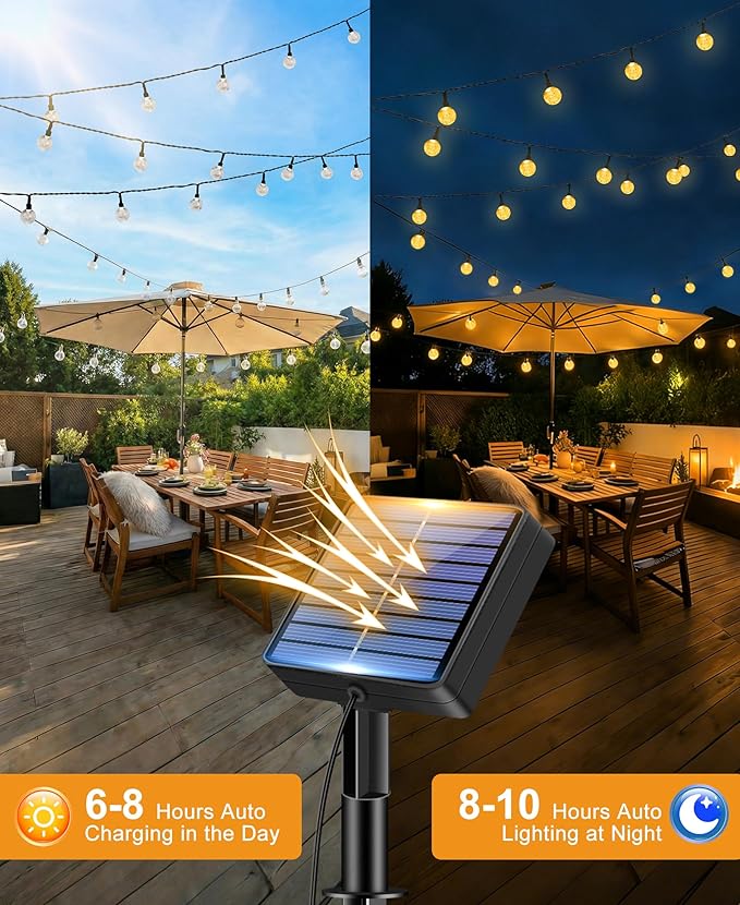 btfarm Solar String Lights Outdoor Waterproof, 50 LED 49 FT Solar Powered Patio Light, 8 Lighting Modes Crystal Globe Decoration for Garden Balcony Yard Porch Party, Warm White