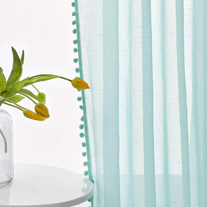 Treatmentex Pompom Sheer Window Curtains for Bedroom Aqua-Blue 95inches Length Decorative Sheer Window Drapes for Wedding Party Ceremony 52" W x 2 Panels Rod Pocket