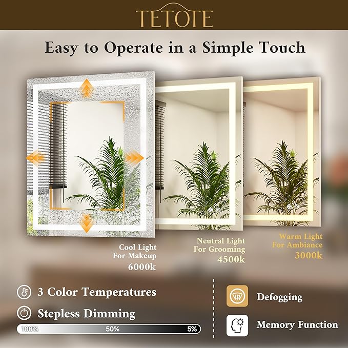 TETOTE LED Lighted Bathroom Mirror with Lights 40 x 30 Brighter Front and Backlit Light up Mirror for Bathroom Wall, Illuminated Vanity Anti Fog Mirror, 3-Color Stepless Dimmable, Tempered Glass