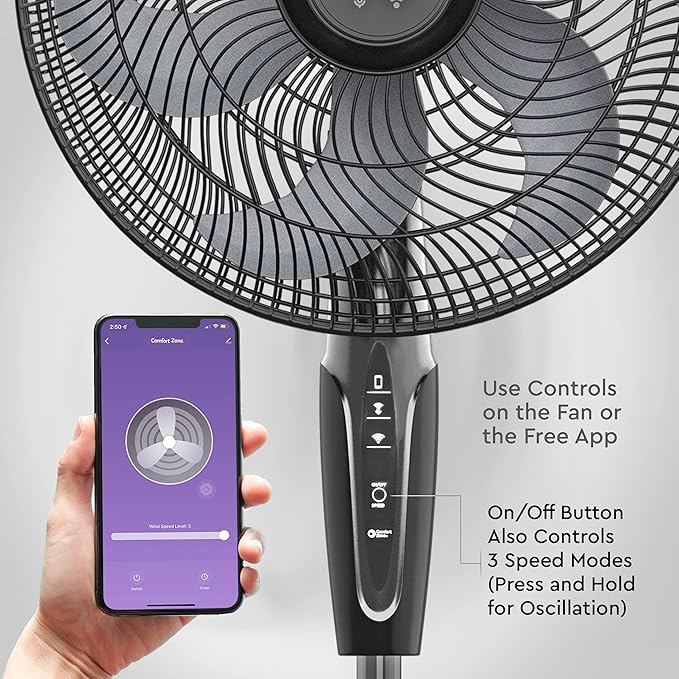 Comfort Zone Smart WiFi Oscillating Stand Fan, 18 inch, 3 Speed, Wall-Mountable, Voice Control, Full-Function Timer, Adjustable Stand up to 53 inches, Tri-Curve Technology to Reduce Noise, CZST180SBK