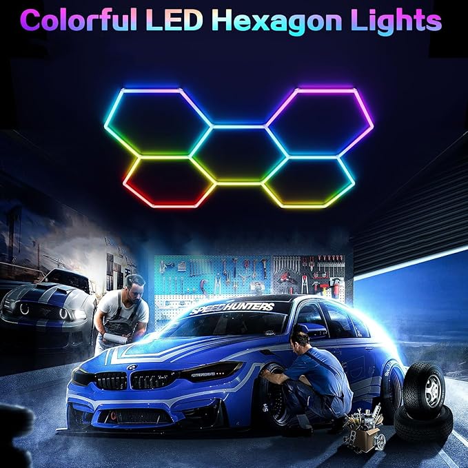 25 Pack RGB Hexagon Garage Light Kit, 5 Hex Panels with Music Sync, Color Changing LED Lighting, App & Remote Control, DIY Honeycomb Design for Garage, Gym, Workshop, Gaming Room