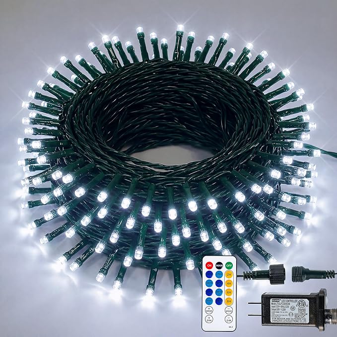 Hopolon White Christmas Lights Outdoor, 33 FT 100 LED Connectable Christmas Tree Lights Green Wire with Remote, 8 Modes Waterproof Plug in Twinkle String Light for Indoor Wedding Party Xmas Decor
