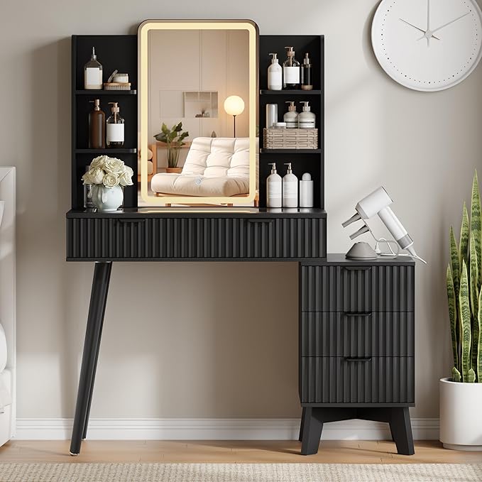 42'' Fluted Makeup Vanity Desk with LED Lights Mirror & Charging Station, Modern Glass Top Vanity Table with 5 Drawers & Open Shelves, Dressing Table for Bedroom, Living Room, Black